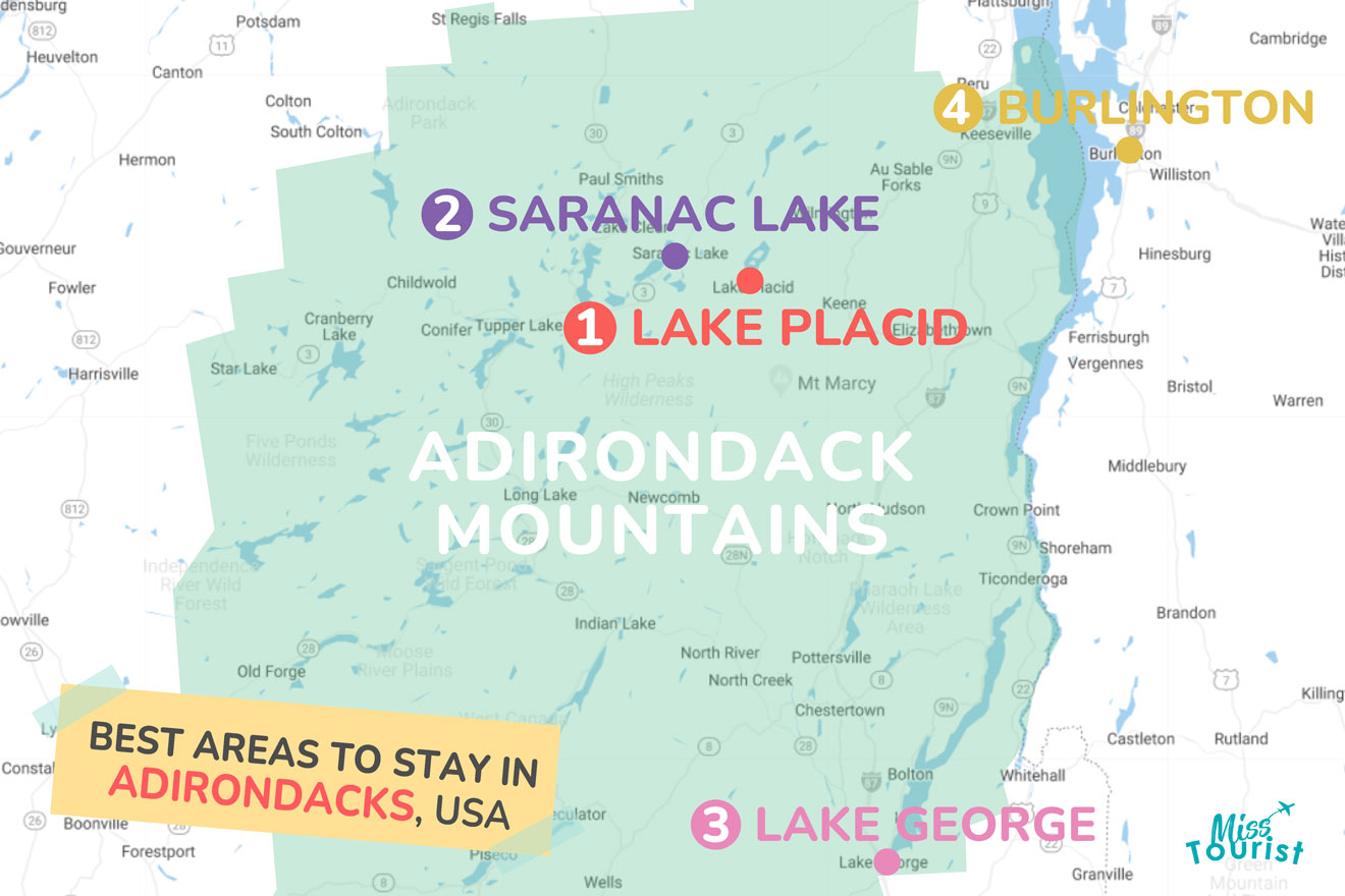 Map of best places to stay Adirondacks